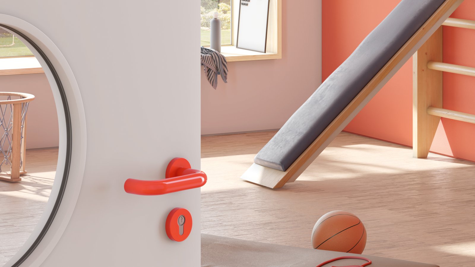 Door to a sports room of a kindergarten equipped with a lever handle in the colour orange made of polyamide